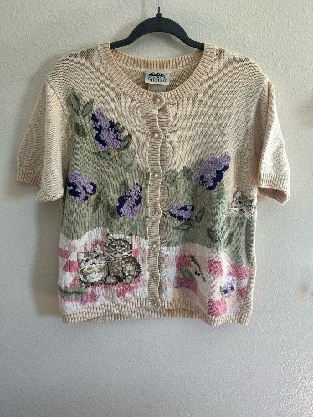 Vintage Northern Reflections Liliac Cats Short Sleeve Cardigan Sweater Womens S